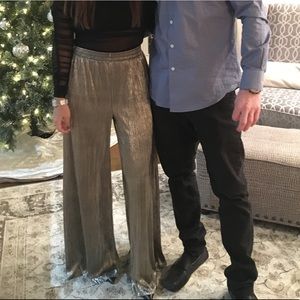 Wide leg high waisted pleated metallic pants